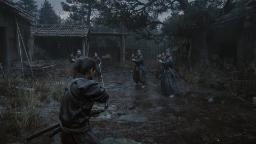 مبارزه شخصیت‌های بازی Onimusha: Way of the Sword در محیطی بارانی و روستایی