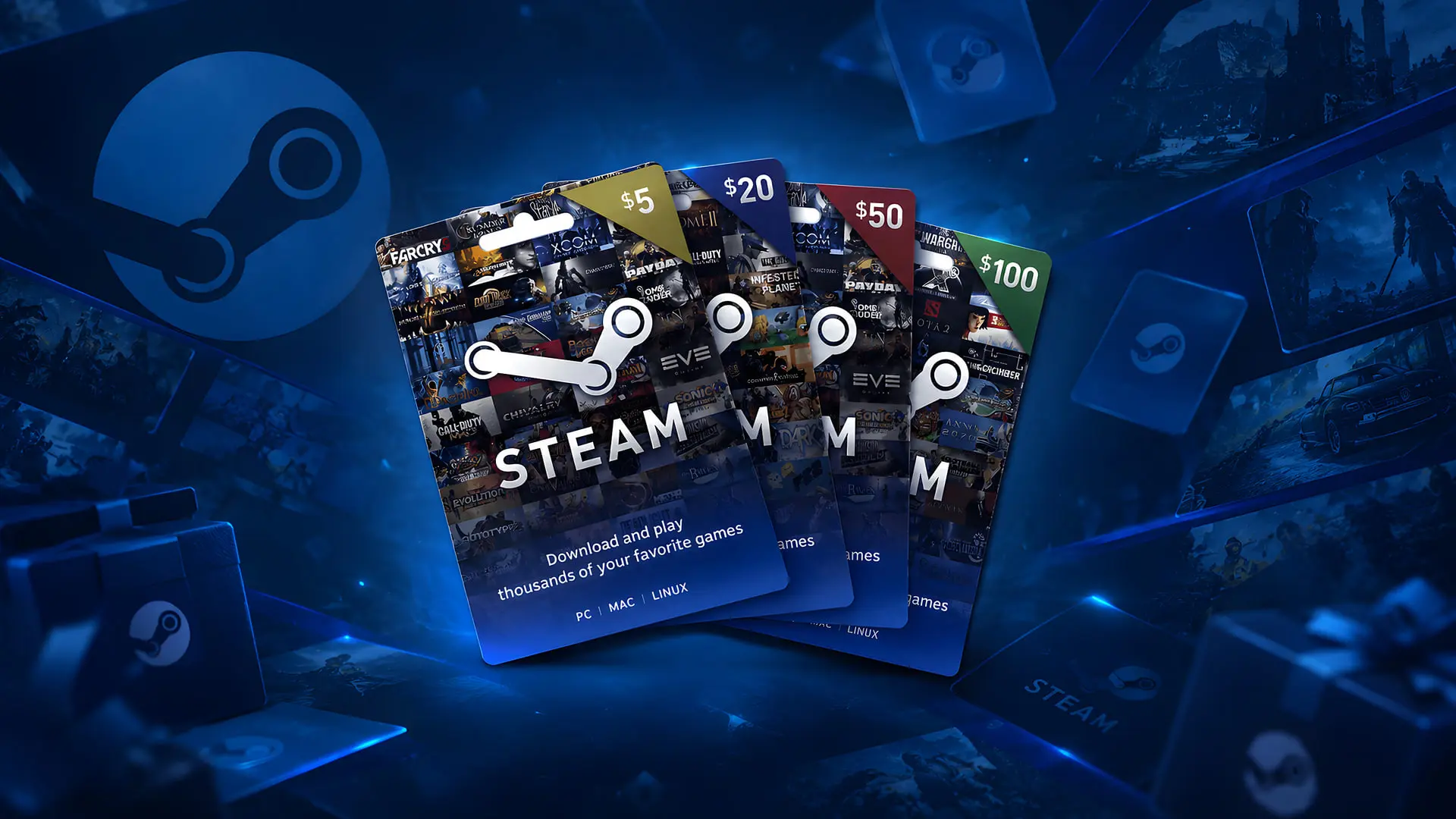 چهار کارت هدیه با مبالغ مختلف استیم (Steam) روی پس‌زمینه بازی‌ها