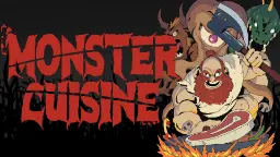 لوگوی قرمز رنگ بازی Monster Cuisine در کنار شخصیت‌های کارتونی