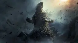 هیولای گودزیلا (Godzilla) در میان دود و آوار ساختمان‌های تخریب شده