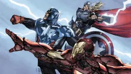 قهرمانان گروه انتقام‌جویان (Avengers) شامل آیرون من (Iron Man)، کاپیتان آمریکا و ثور در حال مبارزه
