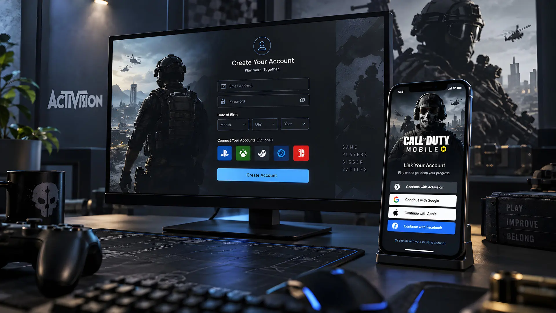فرم ثبت‌نام اکانت اکتیویژن (Activision) در مانیتور و گوشی هوشمند