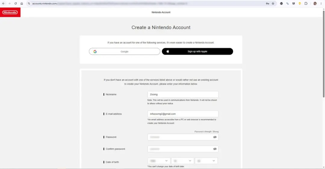 فرم ثبت‌نام و ایجاد حساب کاربری در سایت Nintendo Account