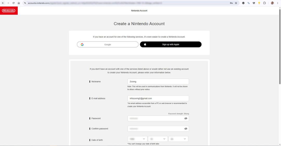 فرم ثبت‌نام و ایجاد حساب کاربری در سایت Nintendo Account