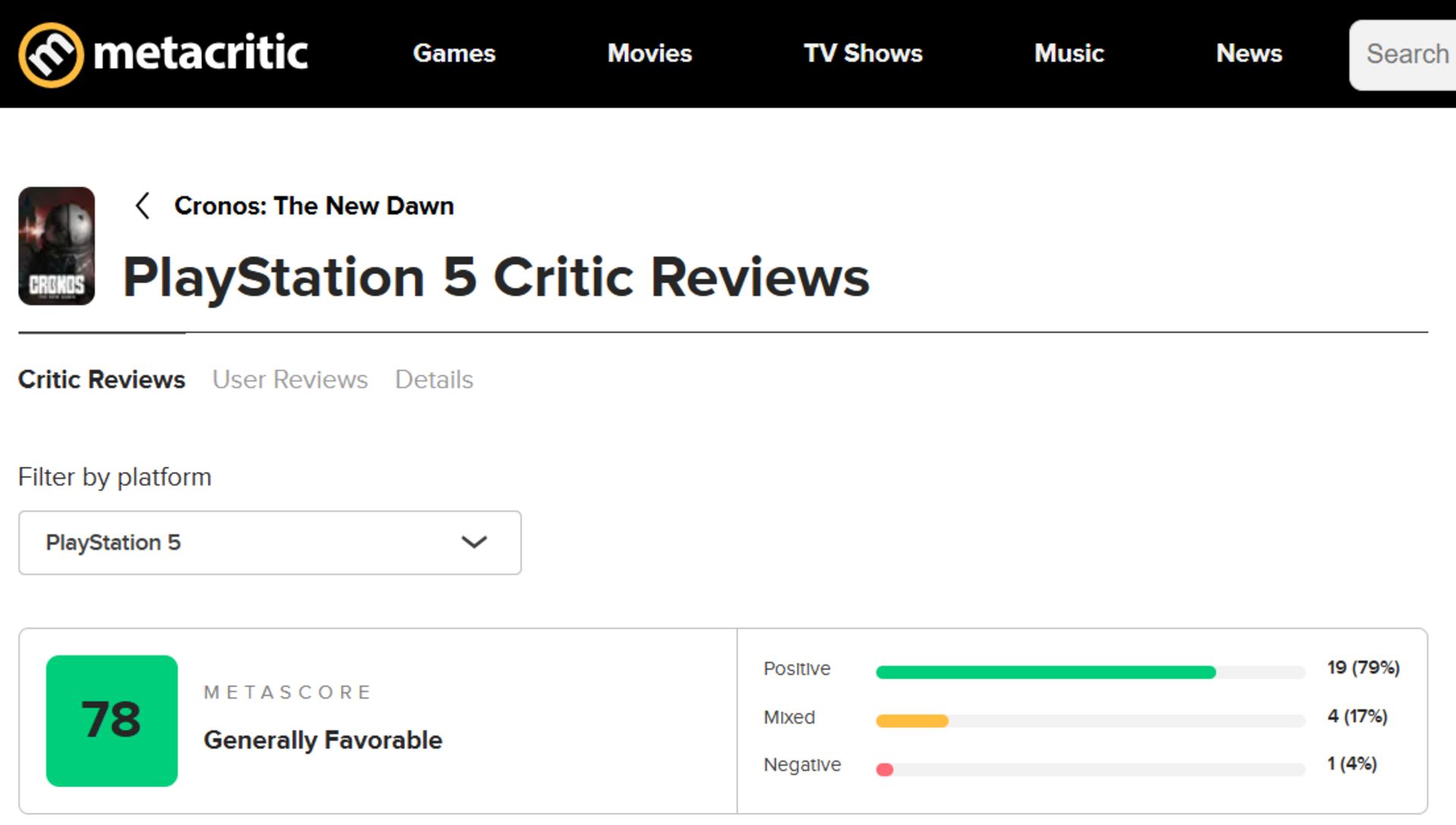 میانگین نقدها و نمرات بازی Cronos The New Dawn در وب‌سایت متاکریتیک (Metacritic)