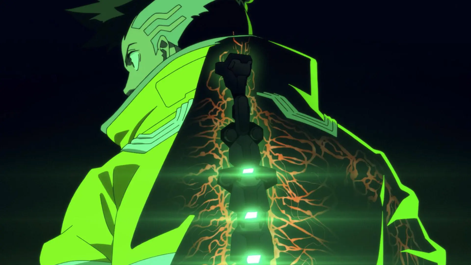 شخصیت انیمه سایبرپانک: اج‌رانرز (Cyberpunk: Edgerunners) با تجهیزات سایبرنتیک در پشت