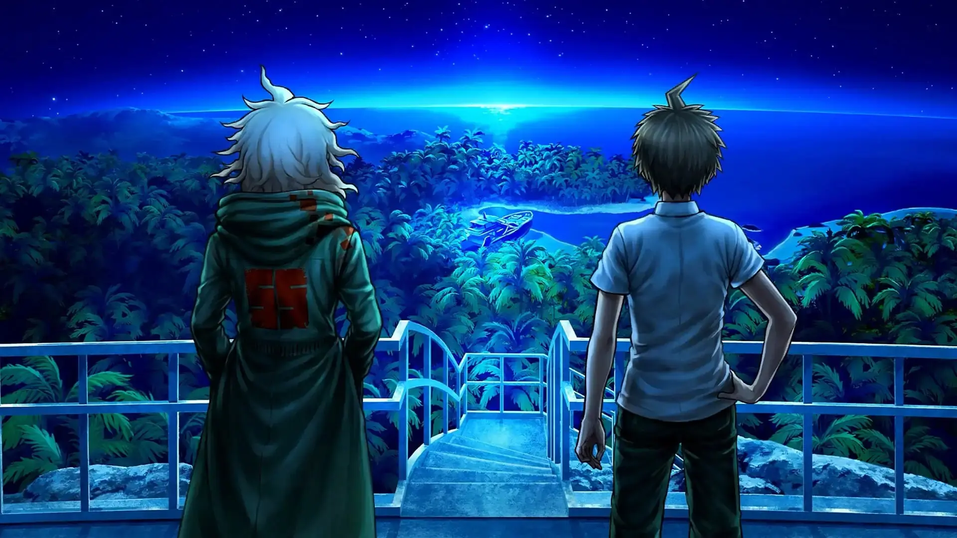 دو شخصیت بازی Danganronpa 2x2 در حال تماشای منظره جزیره در شب