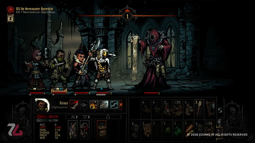 شخصیت‌های بازی Darkest Dungeon در حال نبرد با یک Necromancer Apprentice در محیطی تاریک