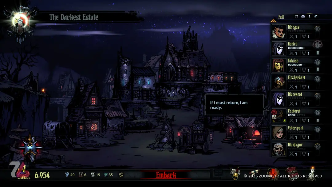 منظره‌ای از شهر در بازی دارکست دانجن (Darkest Dungeon) با سبک هنری گوتیک
