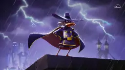 شخصیت دارک‌وینگ داک (Darkwing Duck) با کلاه و شنل زیر باران و رعدوبرق
