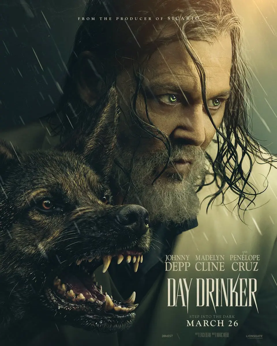 چهره جانی دپ (Johnny Depp) در کنار یک گرگ در پوستر فیلم Day Drinker