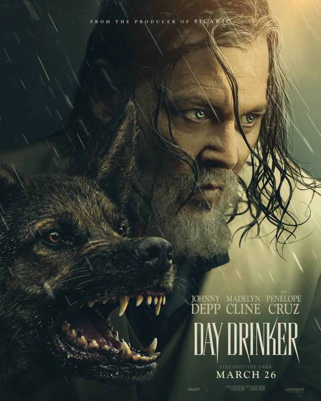 چهره جانی دپ (Johnny Depp) در کنار یک گرگ در پوستر فیلم Day Drinker