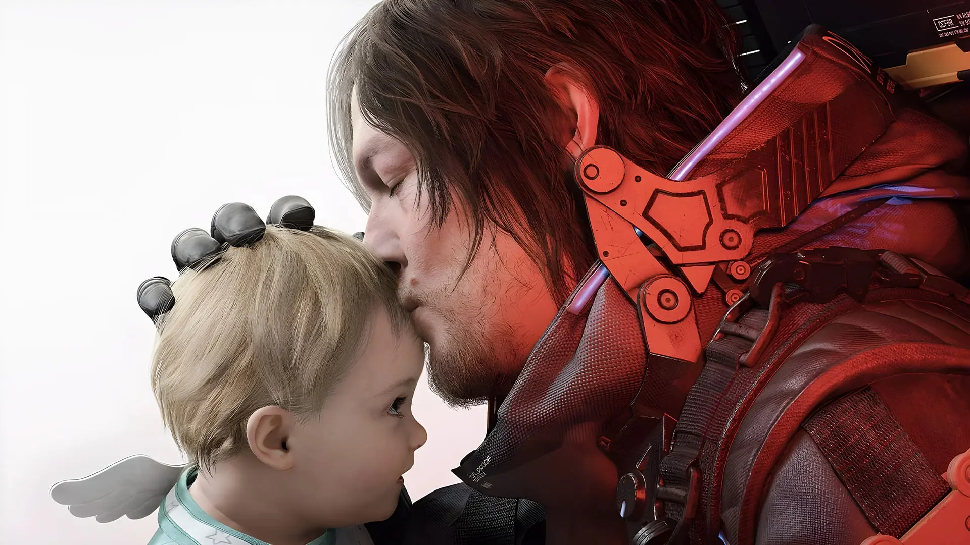 مردی با لباس‌های علمی در حال بوسیدن پیشانی نوزاد در فیلم Death Stranding