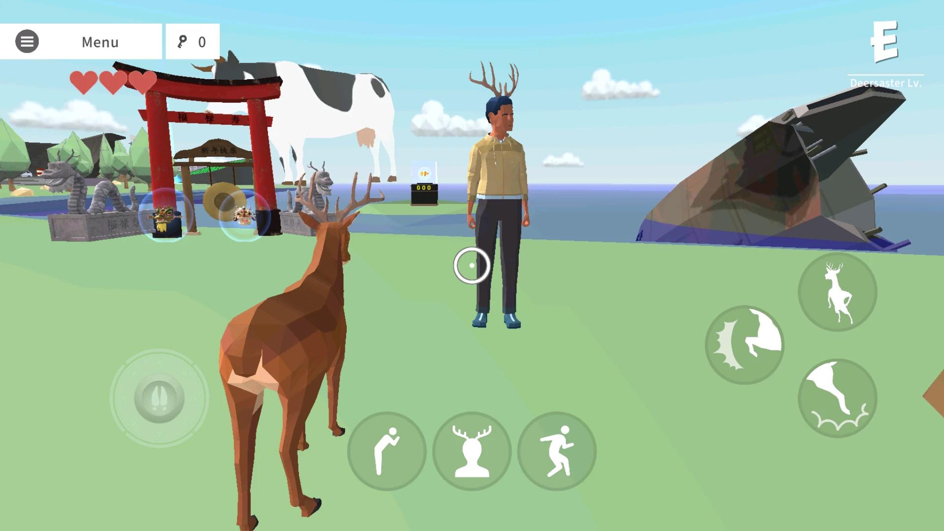 گوزن در محیط بازی موبایل DEEEER Simulator در کنار یک شخصیت انسانی