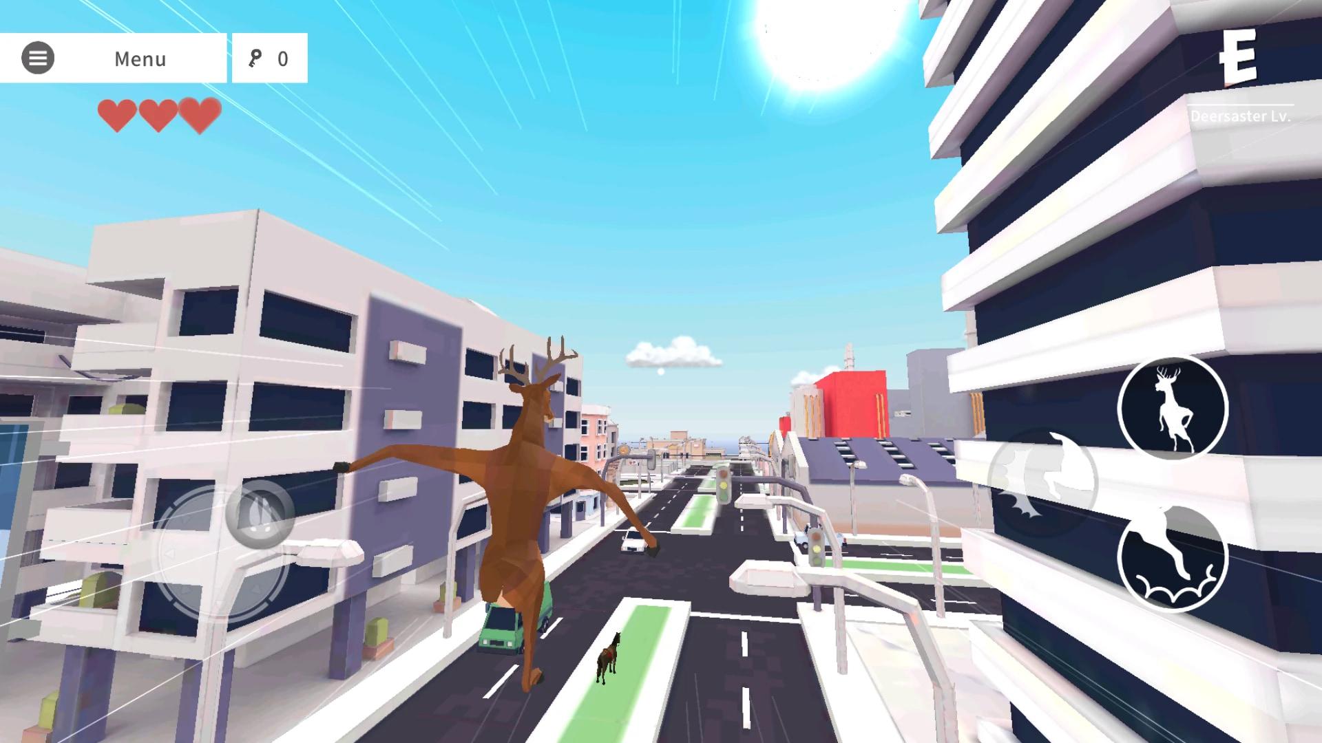 شبیه‌ساز گوزن (DEEEER Simulator) در حال پرش میان ساختمان‌های یک شهر دیجیتال
