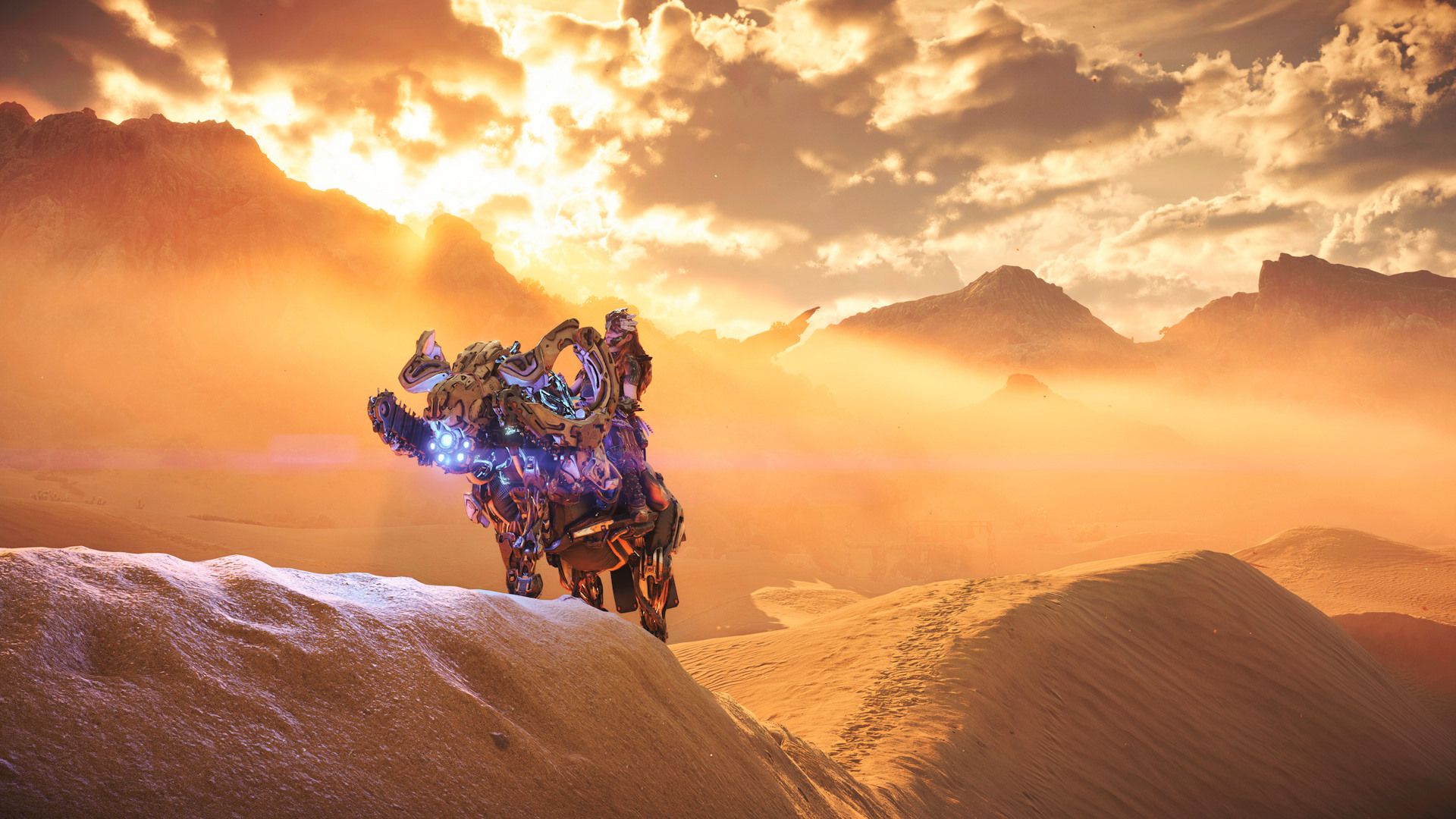 الوی (Aloy) در حال عبور از بیابان‌های بازی Horizon Forbidden West