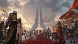 شخصیت‌های زره‌پوش بازی Destiny 2 (Destiny 2) در محوطه یک شهر با سازه عظیم مرکزی