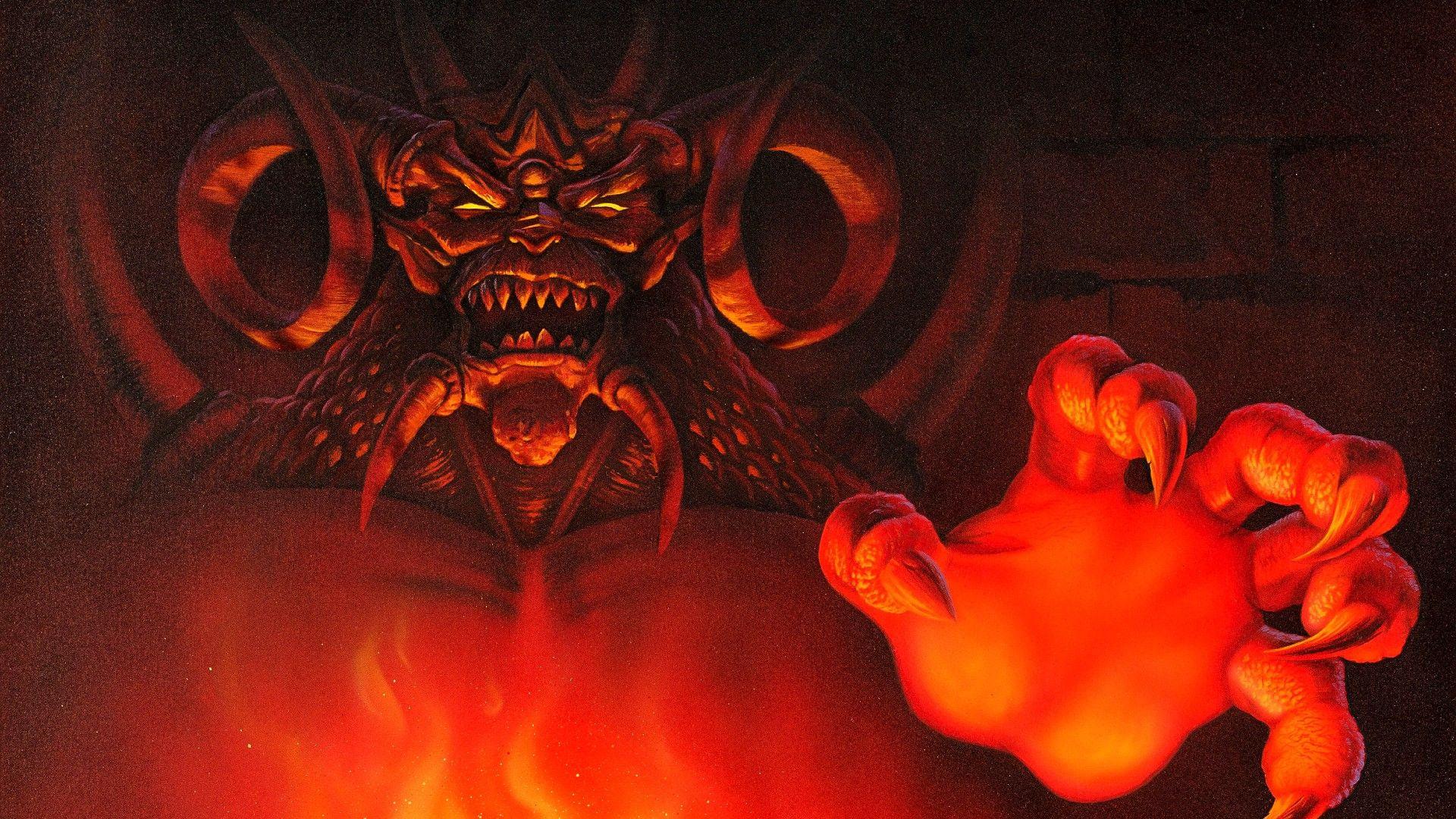 شخصیت دیابلو (Diablo) با شاخ‌های بزرگ در میان شعله‌های آتش