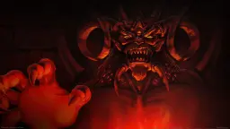 چهره ترسناک دیابلو (Diablo) با چشم‌های درخشان در محیطی تاریک و قرمز