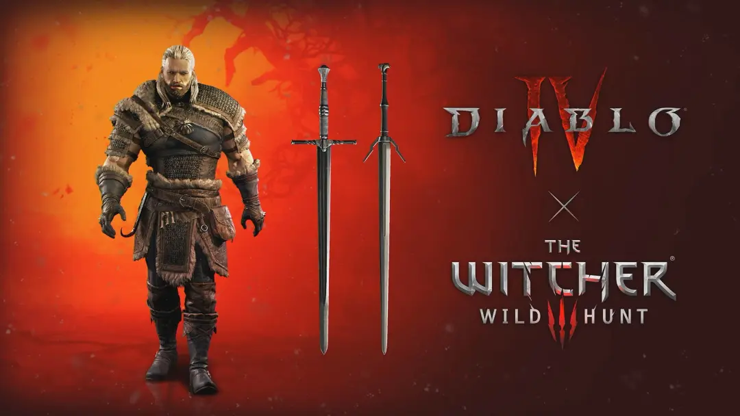 شخصیت بازی ویچر (The Witcher) در کنار دو شمشیر در پس‌زمینه قرمز