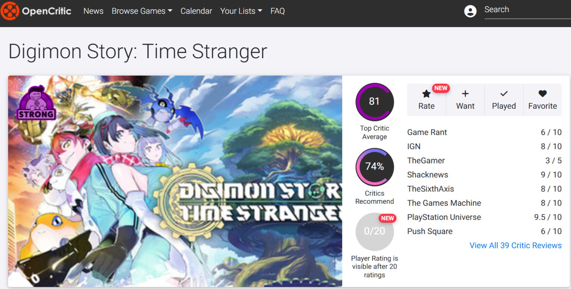 میانگین نقدها و نمرات بازی Digimon Story Time Stranger در وب‌سایت اوپن‌کریتیک (Opencritic)