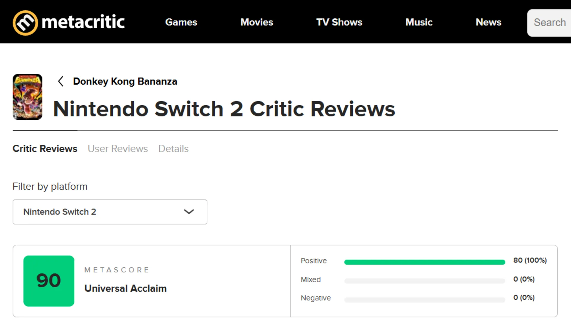 میانگین نقدها و نمرات بازی Donkey Kong Bananza در وب‌سایت متاکریتیک (Metacritic)