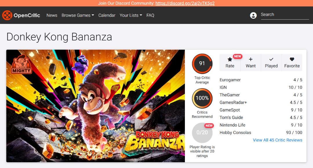 میانگین نقدها و نمرات بازی Donkey Kong Bananza در وب‌سایت اوپن‌کریتیک (OpenCritic)