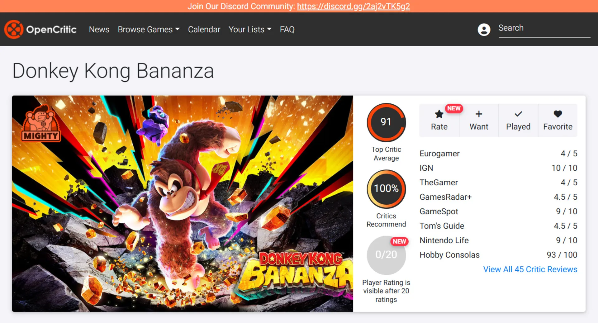 میانگین نقدها و نمرات بازی Donkey Kong Bananza در وب‌سایت اوپن‌کریتیک (OpenCritic)