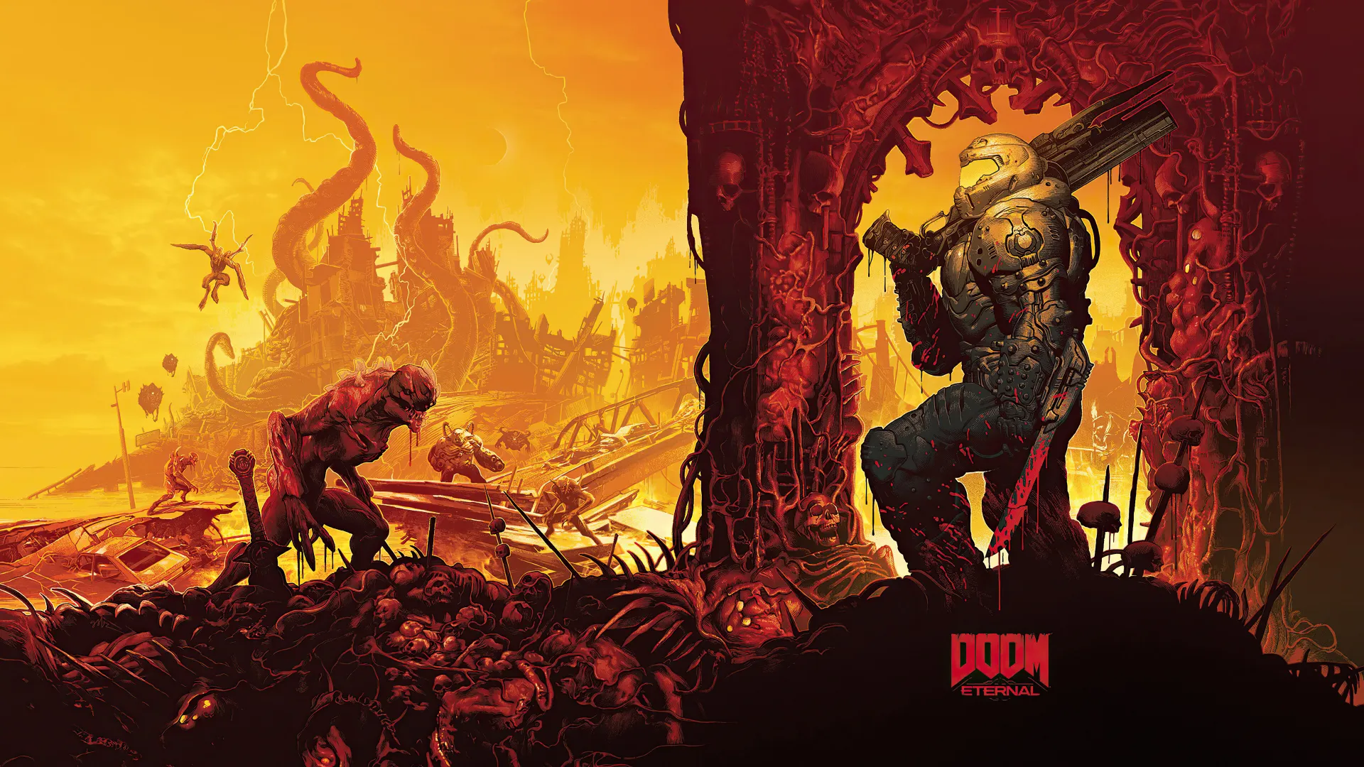 ایستادن دووم‌گای (Doomguy) بر جمجمه‌های شیاطین در بازی DOOM Eternal