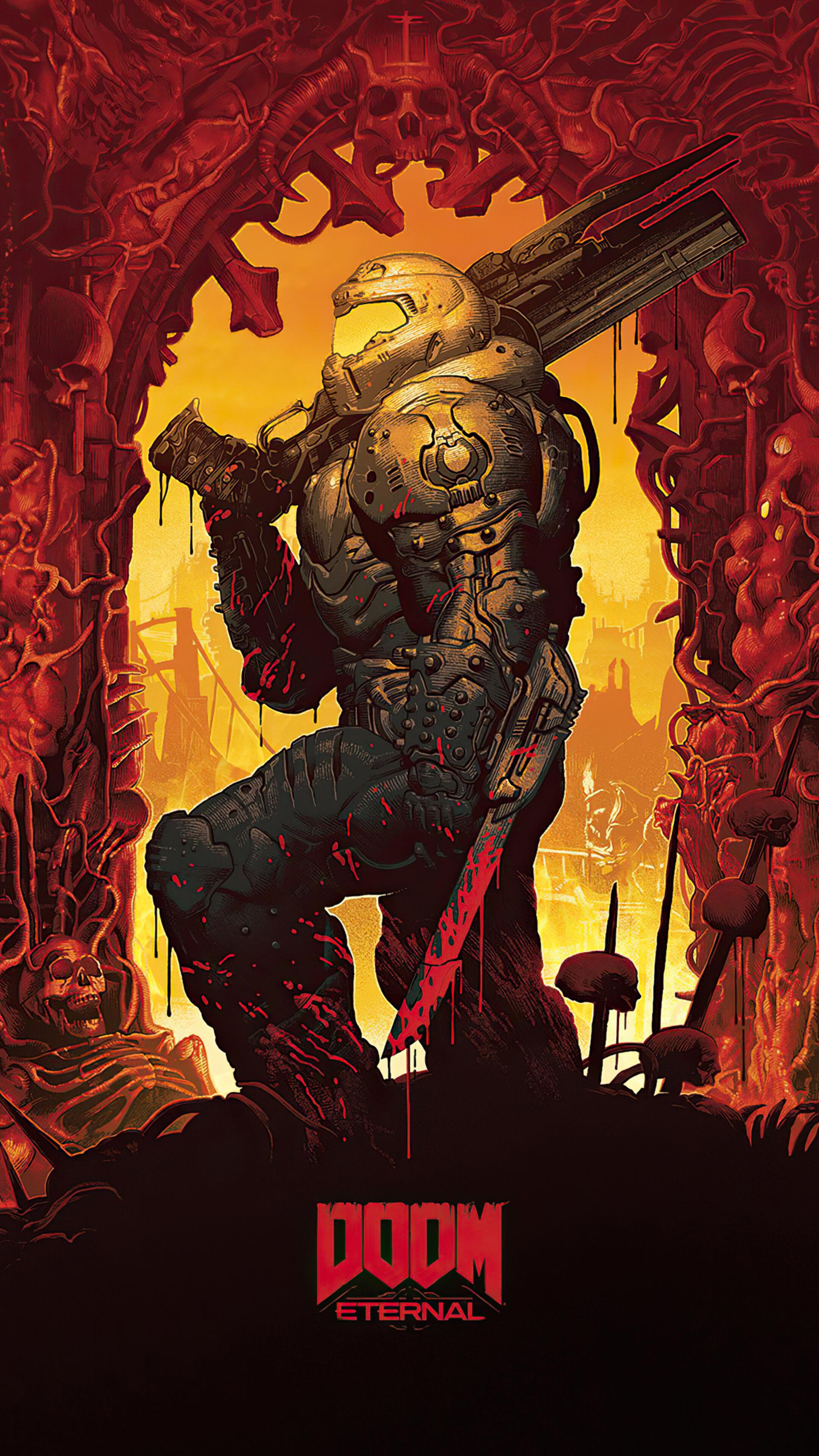 ایستادن دووم‌گای (Doomguy) بر جمجمه‌های شیاطین در بازی DOOM Eternal