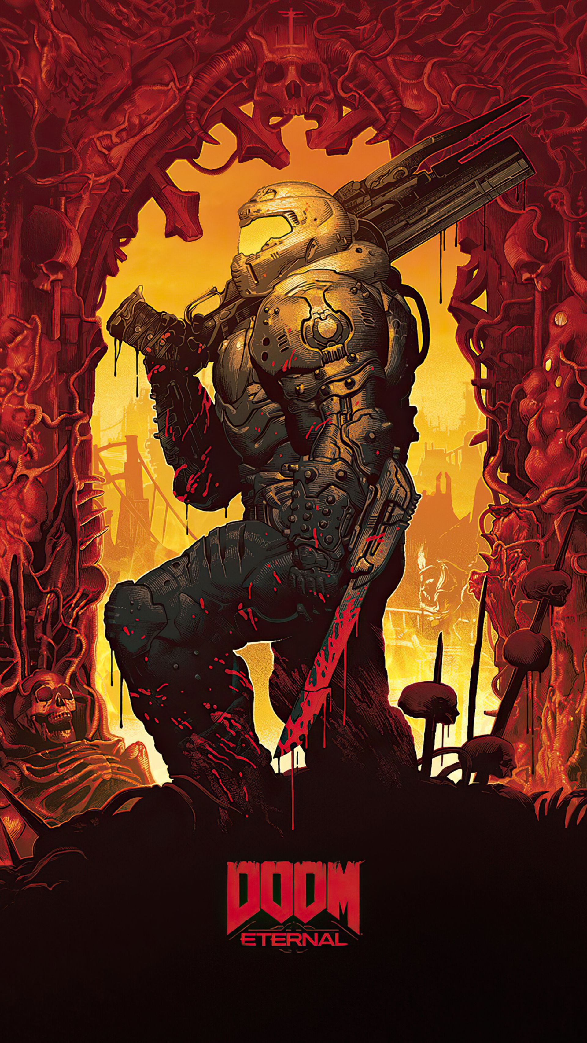 ایستادن دووم‌گای (Doomguy) بر جمجمه‌های شیاطین در بازی DOOM Eternal