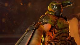 شخصیت دووم اسلایر (Doom Slayer) با زره سبز در محیطی آتشین