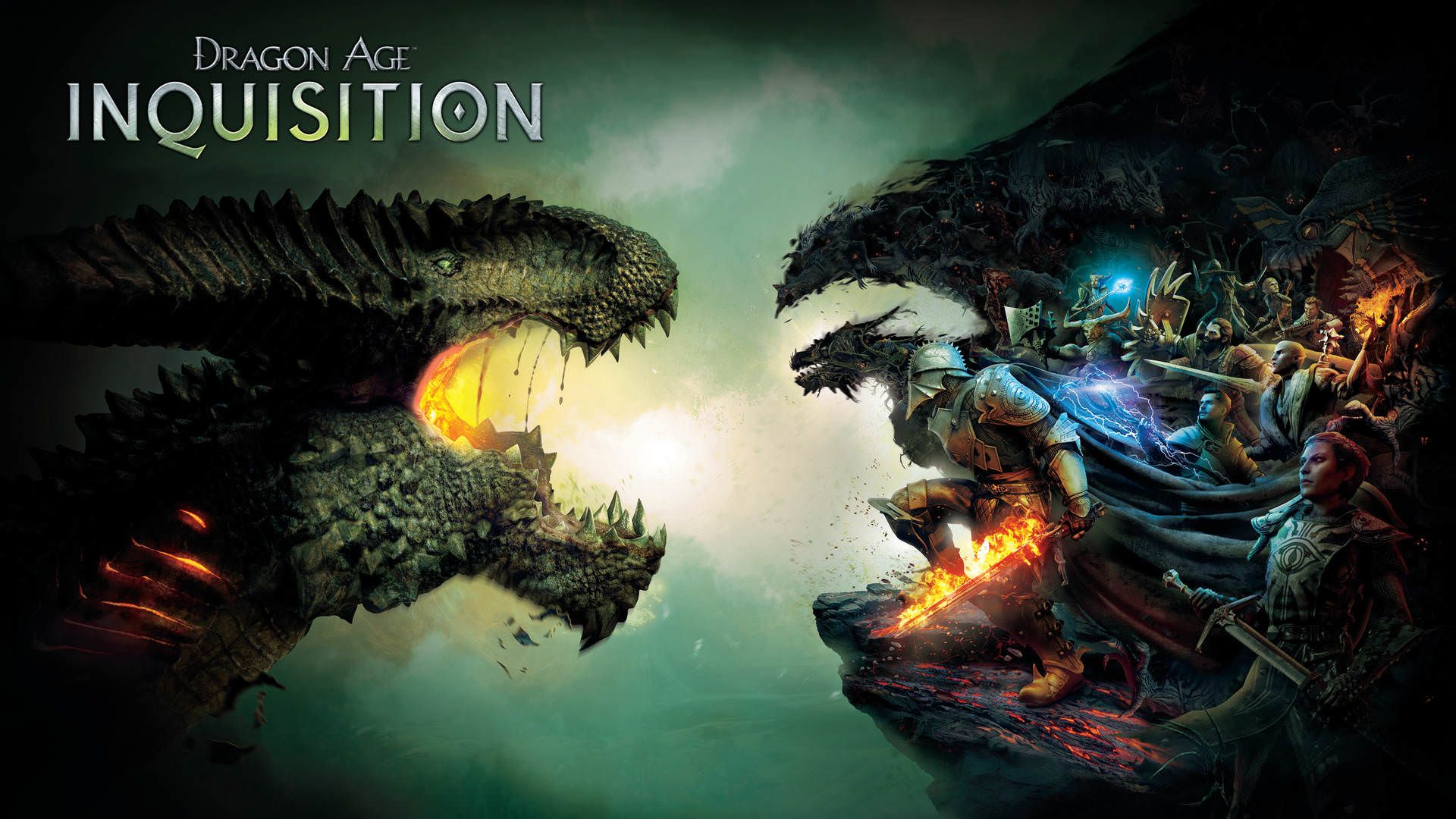 تقابل جنگجویان با اژدها در پوستر بازی Dragon Age: Inquisition