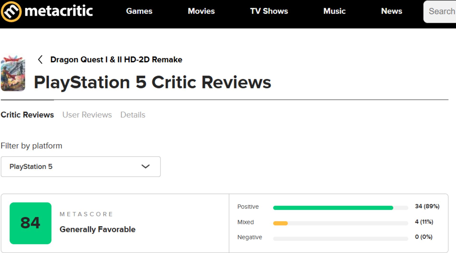 میانگین نقدها و نمرات بازی Dragon Quest 1 and 2 HD-2D Remake در وب‌سایت متاکریتیک (Metacritic)