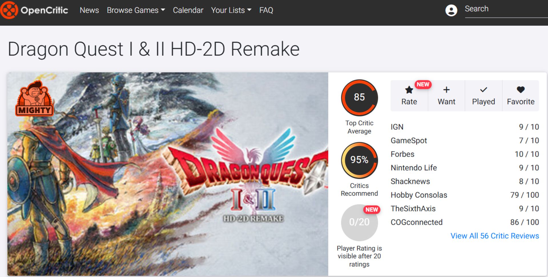 میانگین نقدها و نمرات بازی Dragon Quest 1 and 2 HD-2D Remake در وب‌سایت اوپن‌کریتیک (Opencritic)