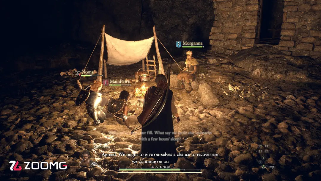 شخصیت‌های بازی Dragon's Dogma 2 در کنار آتش کمپ در شب