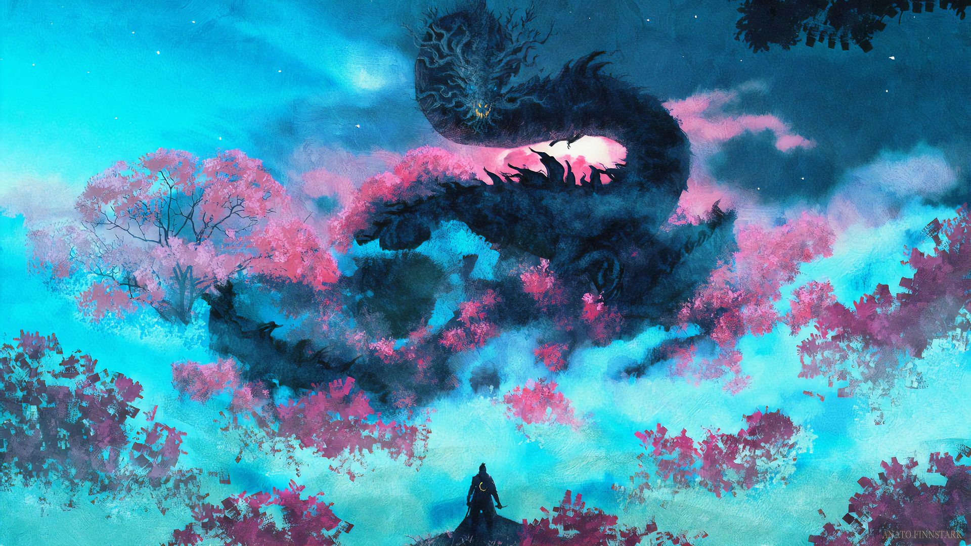 یک فن آرت زیبا از رویارویی شخصیت اصلی بازی Sekiro: Shadows Die Twice و اژدها