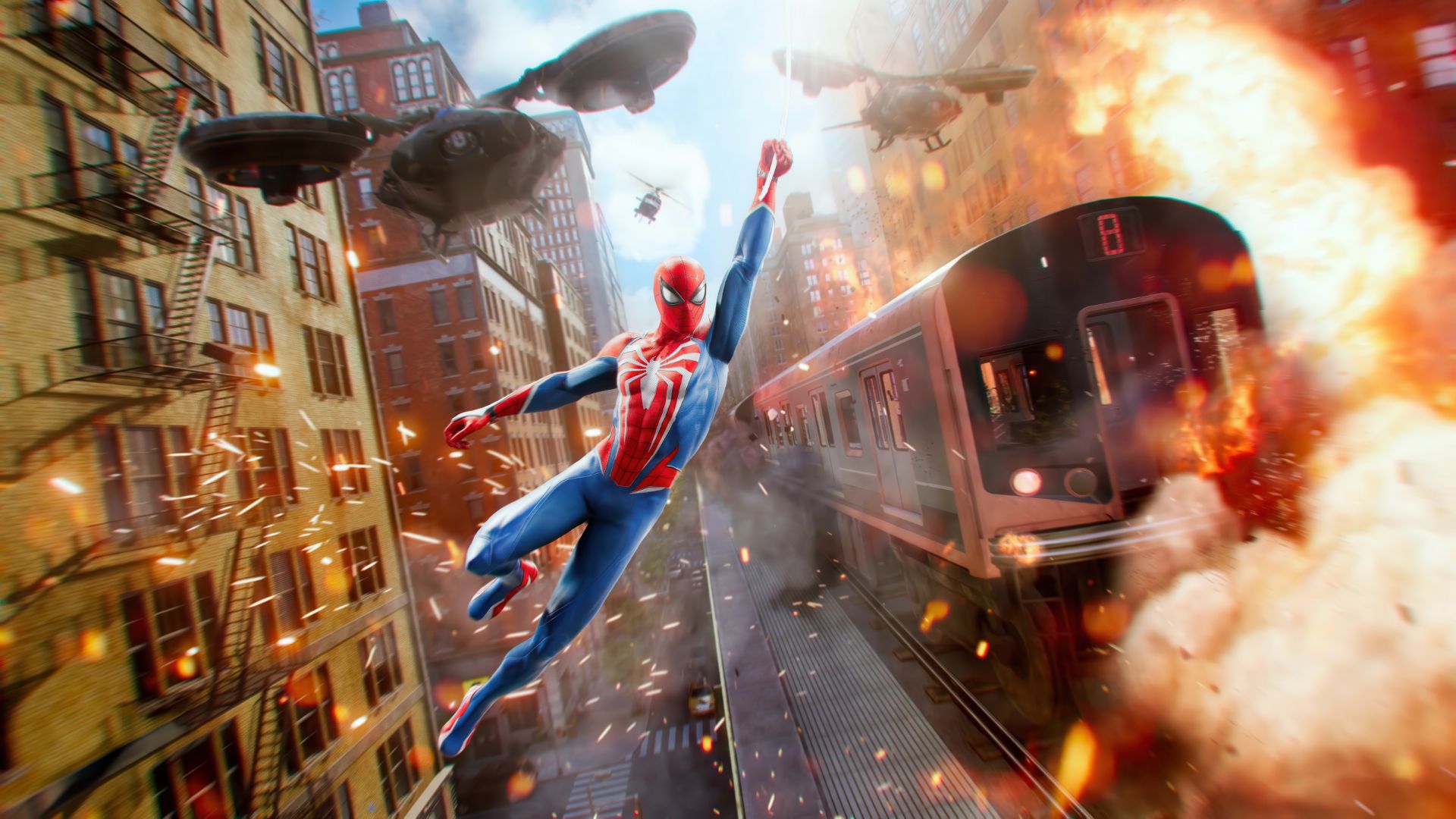 فرار مرد عنکبوتی از هلیکوپتر و پهبادهای دشمن در بازی Marvel's Spider-Man 2