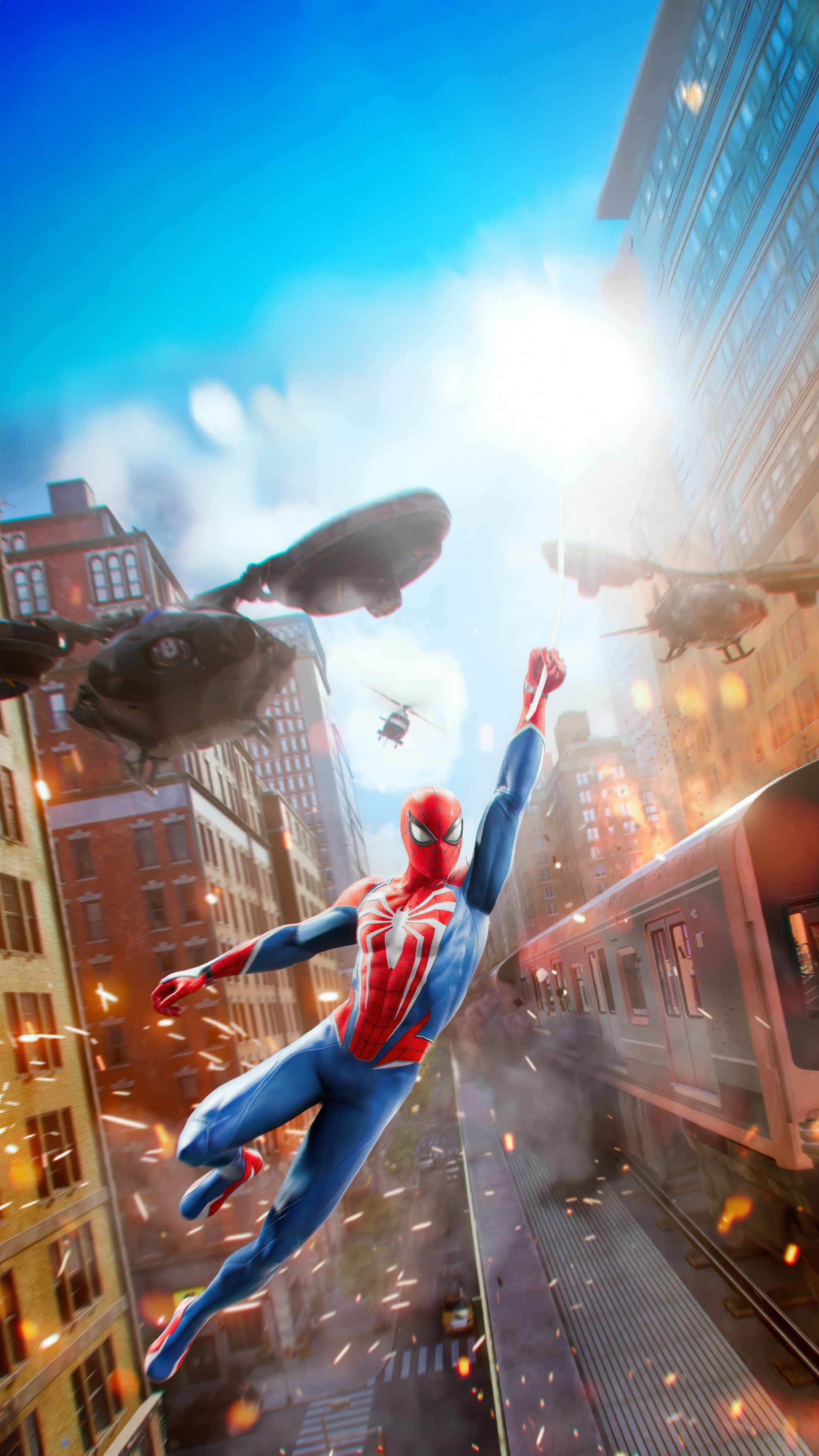 فرار مرد عنکبوتی از هلیکوپتر و پهبادهای دشمن در بازی Marvel's Spider-Man 2