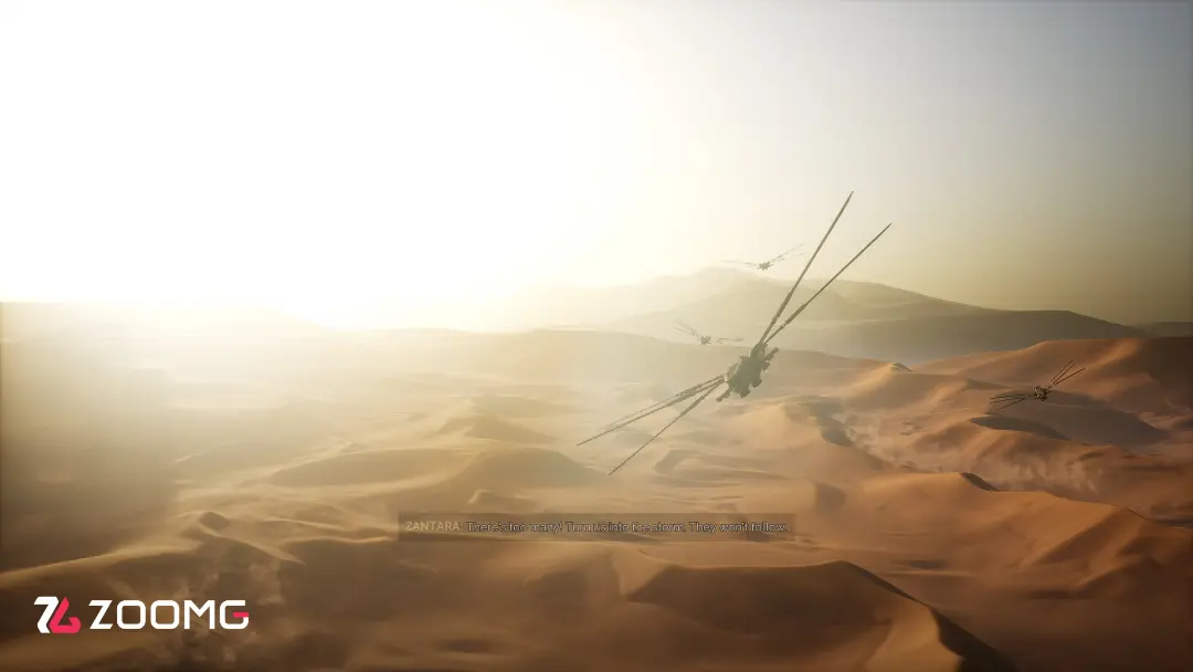 کویر بیابانی و وسایل پرنده در محیط بازی Dune: Awakening