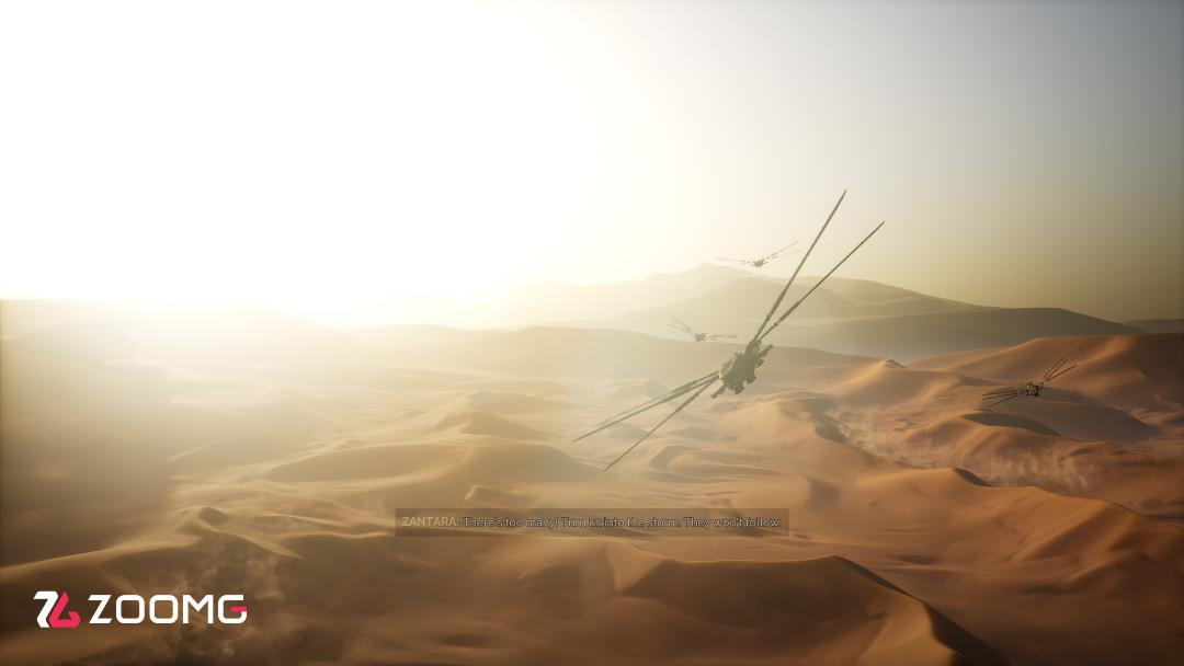 کویر بیابانی و وسایل پرنده در محیط بازی Dune: Awakening