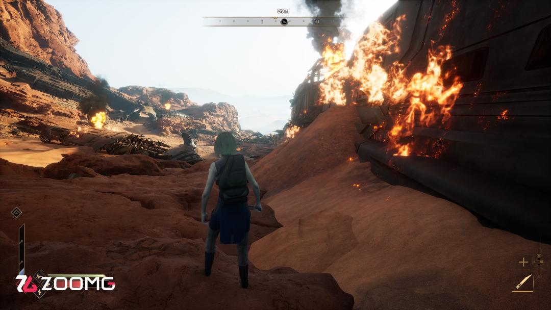 منظره بیابانی و وسایل در حال سوختن در محیط بازی Dune: Awakening