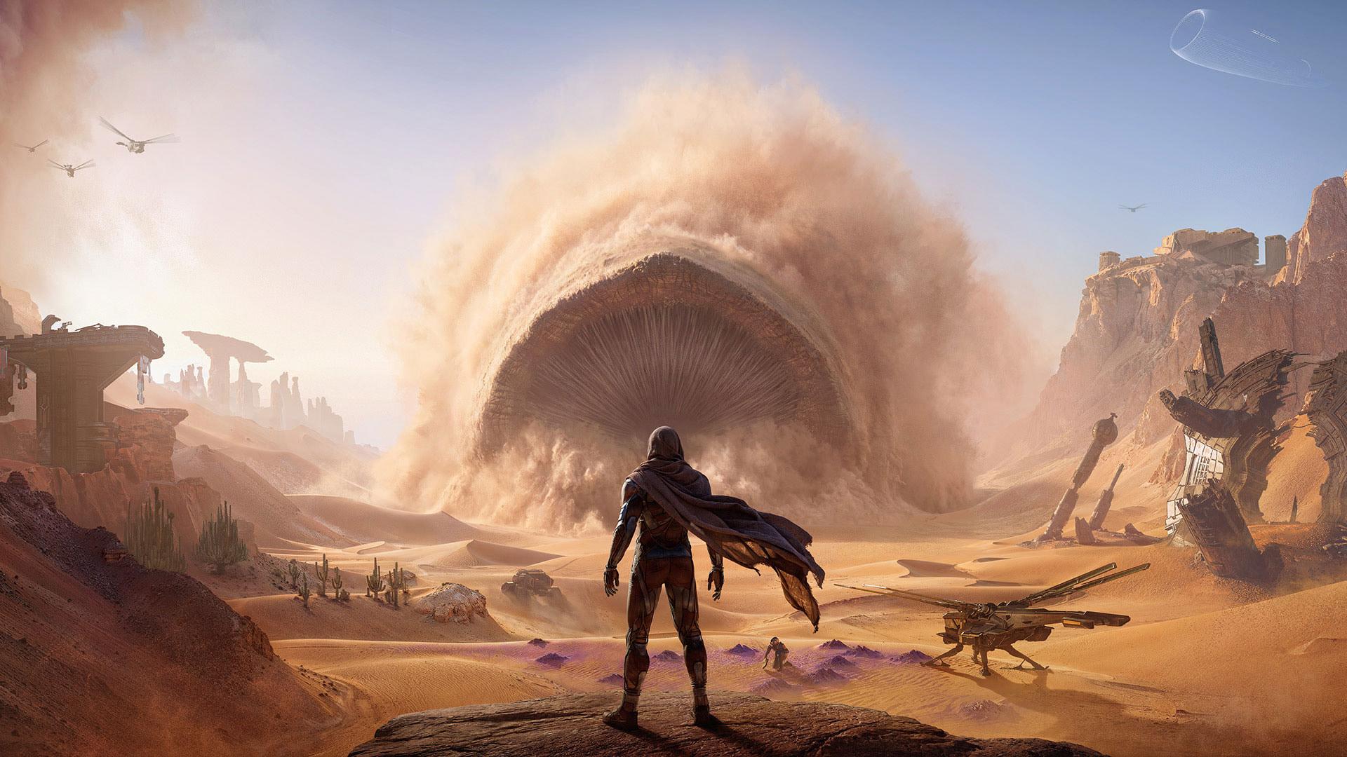 کرم عظیم‌الجثه (Sandworm) در میان طوفان شن در دنیای بازی Dune: Awakening