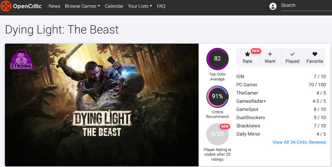 میانگین نقدها و نمرات بازی Dying Light: The Beast در وب‌سایت اوپن‌کریتیک (Opencritic)