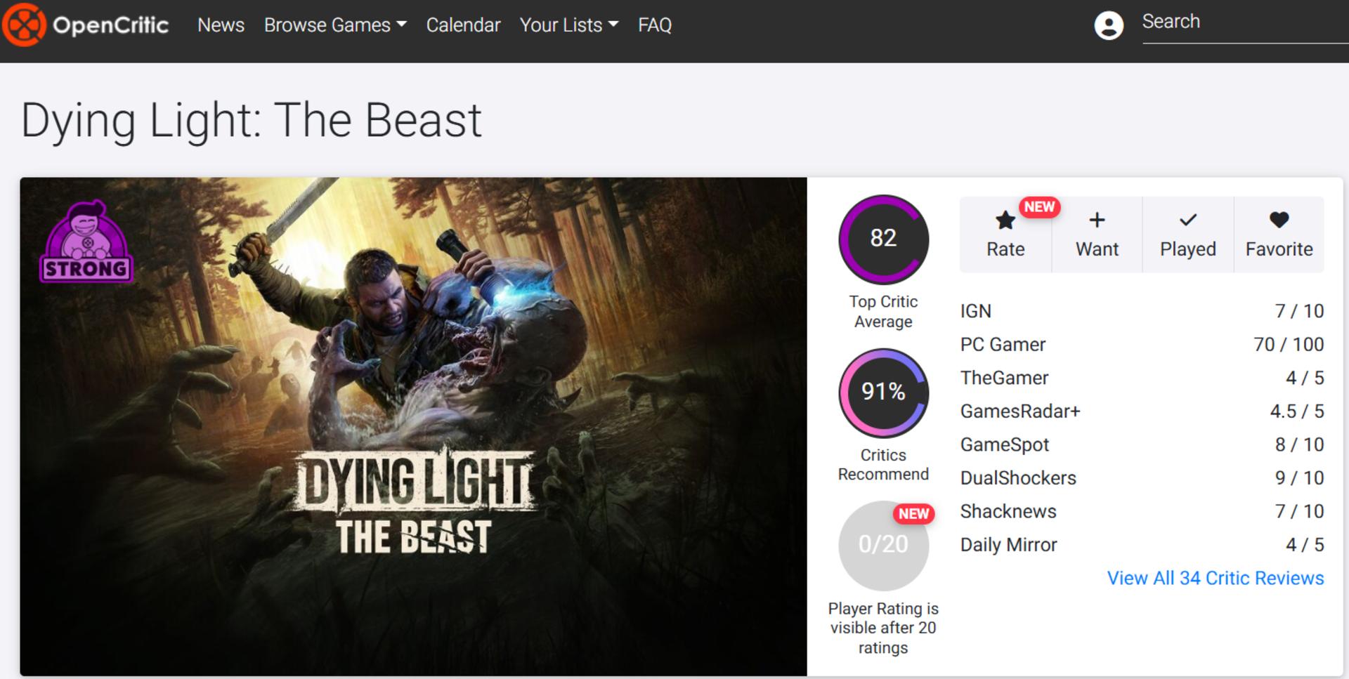 میانگین نقدها و نمرات بازی Dying Light: The Beast در وب‌سایت اوپن‌کریتیک (Opencritic)