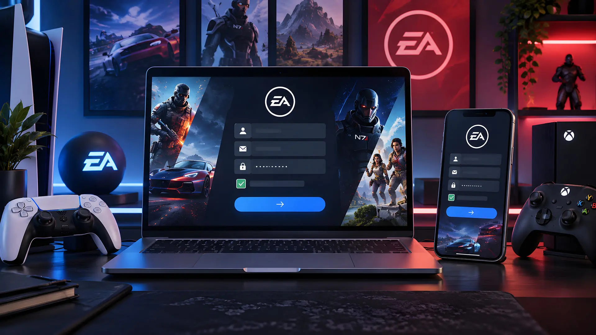 فرم ورود به حساب کاربری EA (Electronic Arts) روی صفحه لپ‌تاپ و گوشی هوشمند