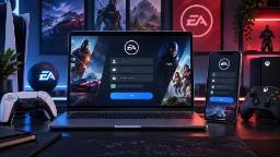 فرم ورود به حساب کاربری EA (Electronic Arts) روی صفحه لپ‌تاپ و گوشی هوشمند