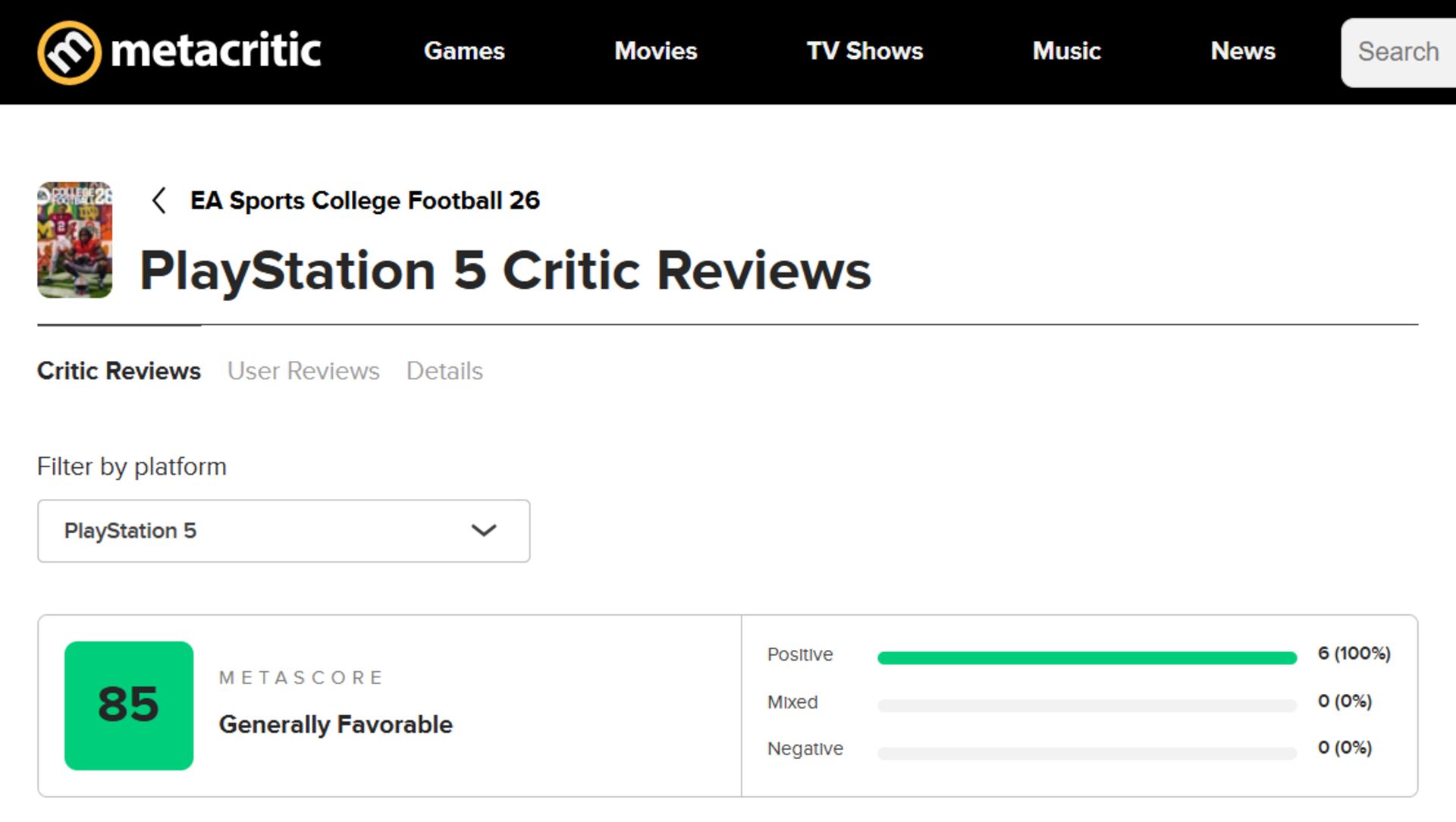 میانگین نقدها و نمرات بازی EA Sports College Football 26 در وب‌سایت متاکریتیک (Metacritic)