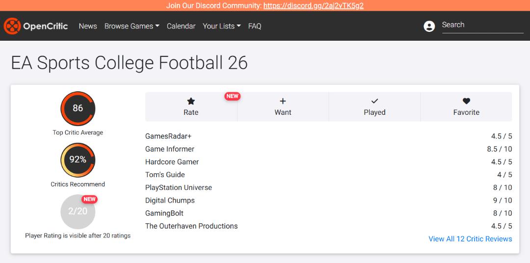 میانگین نقدها و نمرات بازی EA Sports College Football 26 در وب‌سایت اوپن‌کریتیک (OpenCritic)
