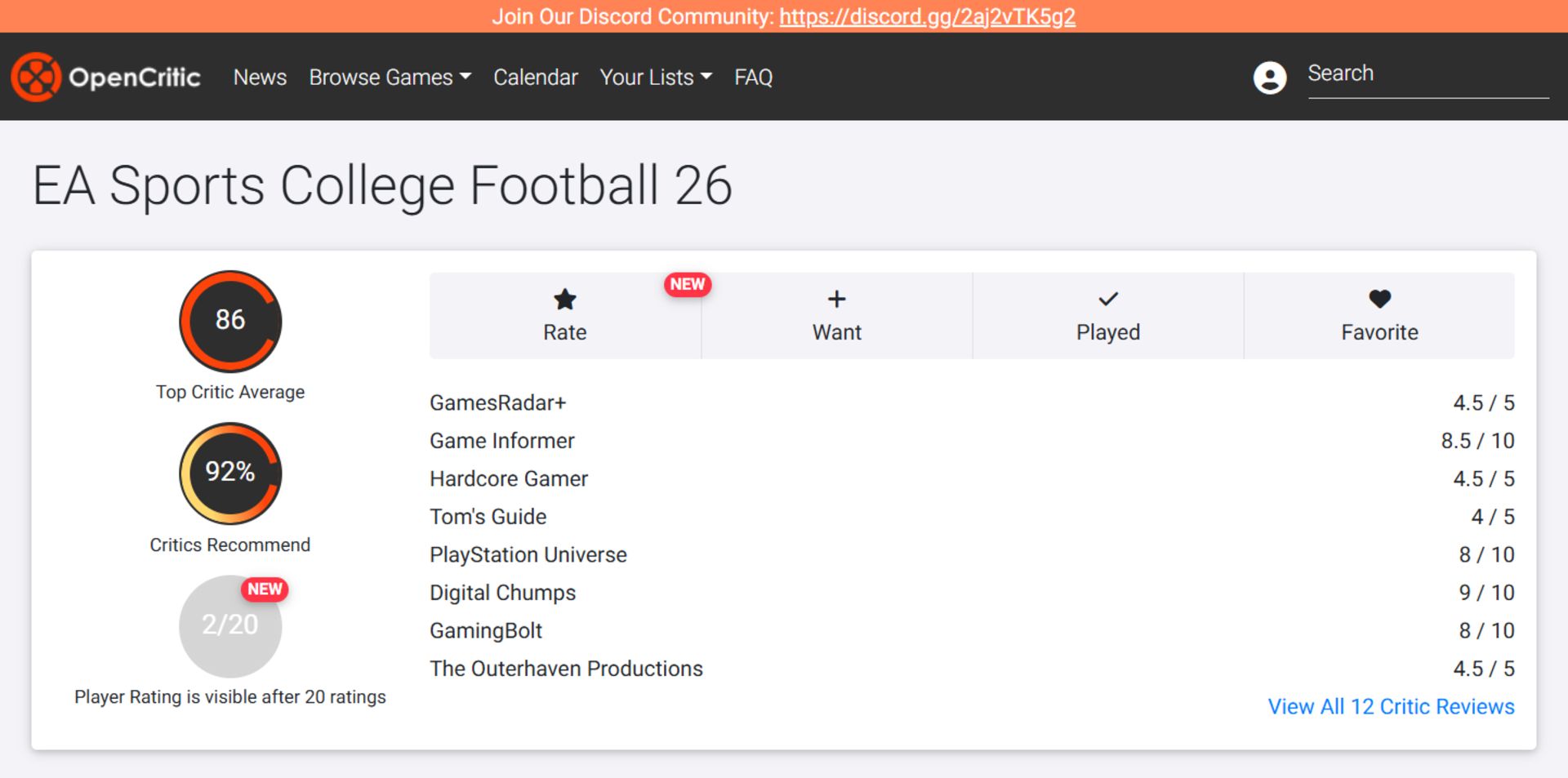 میانگین نقدها و نمرات بازی EA Sports College Football 26 در وب‌سایت اوپن‌کریتیک (OpenCritic)